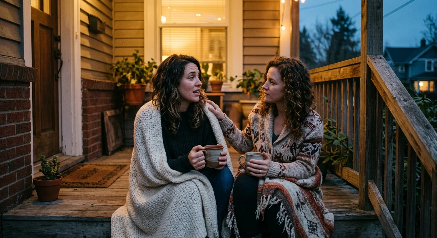 Candid photo of two friends wrapped in blankets talking on porch steps at twilight.