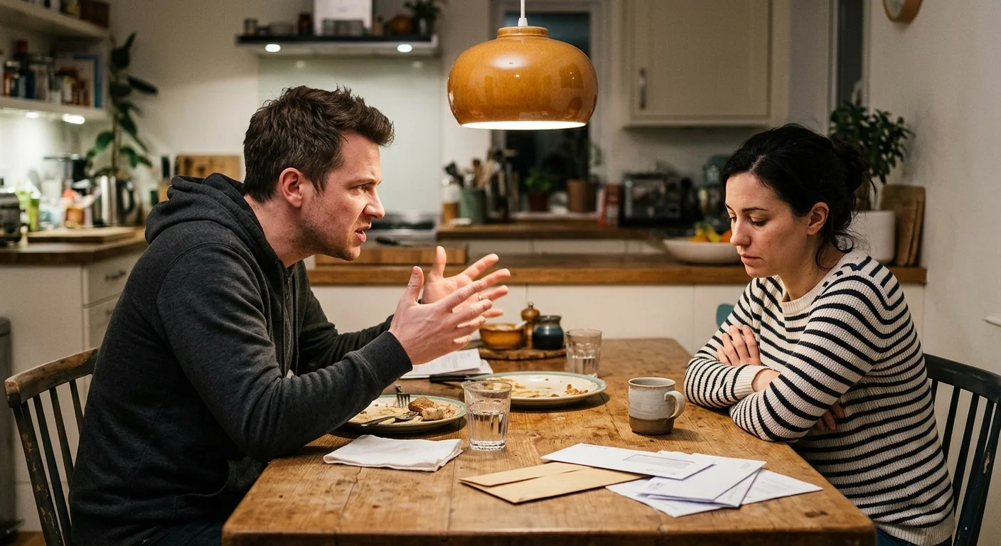 A man gesticulates frustratedly while arguing across a dining table with a woman who looks away with crossed arms.