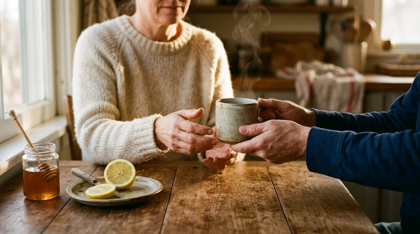 Close-up of a person in a knit sweater receiving a warm mug of tea from a friend at a wooden table.