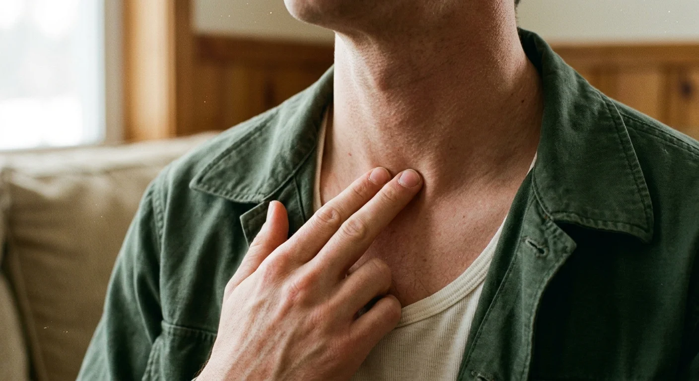 Close-up of a person resting two fingers against the base of their neck.