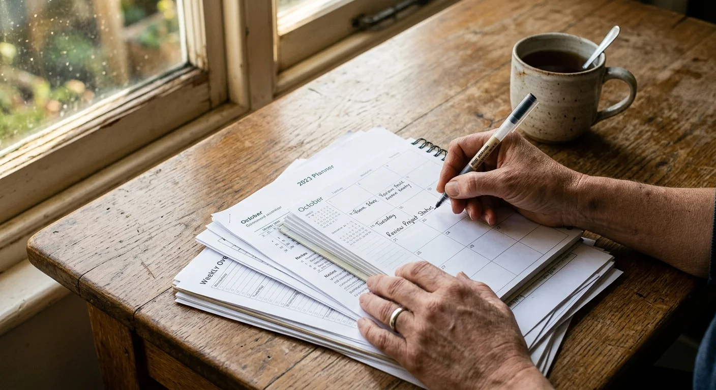 Close-up of a person's hands organizing documents and a calendar at a sunlit wooden table.