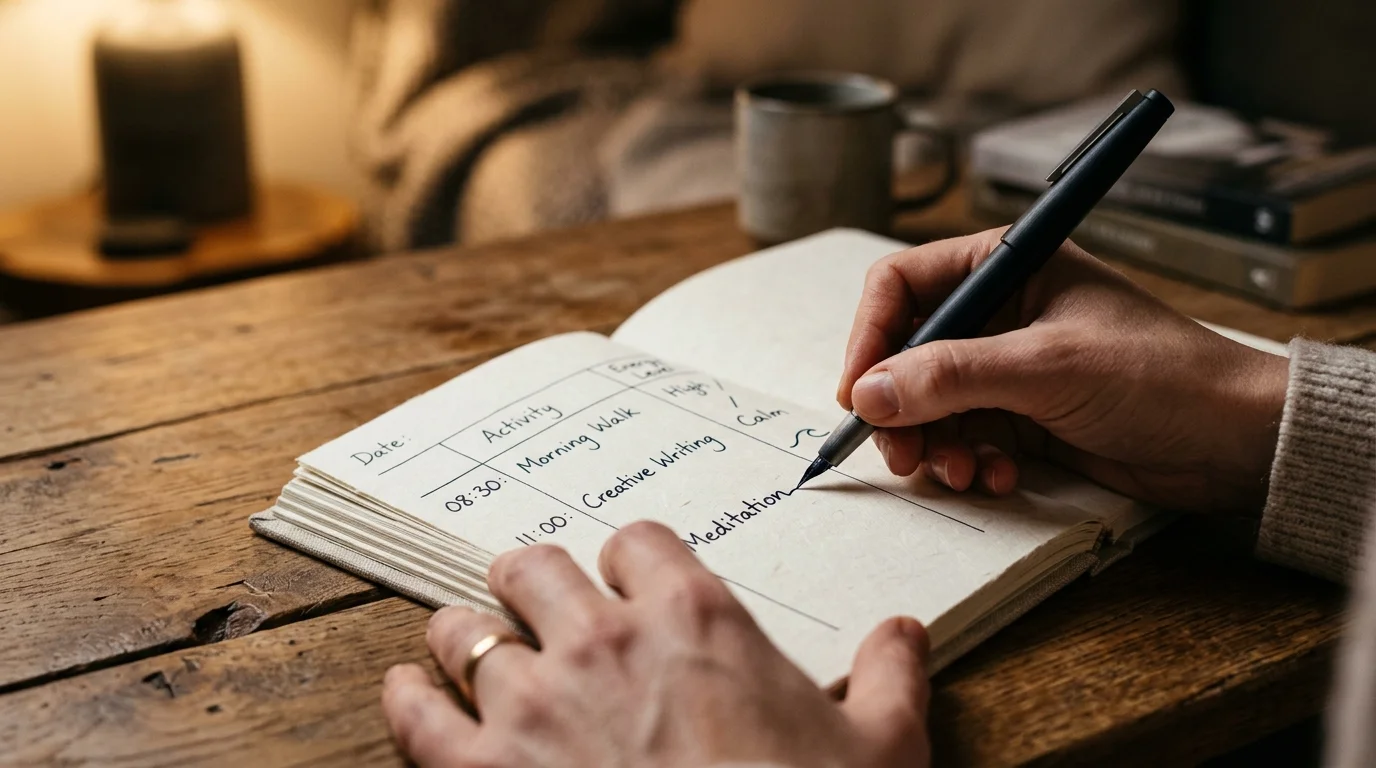 Close-up of a person's hands writing an energy audit in a linen journal on a warm wooden table.