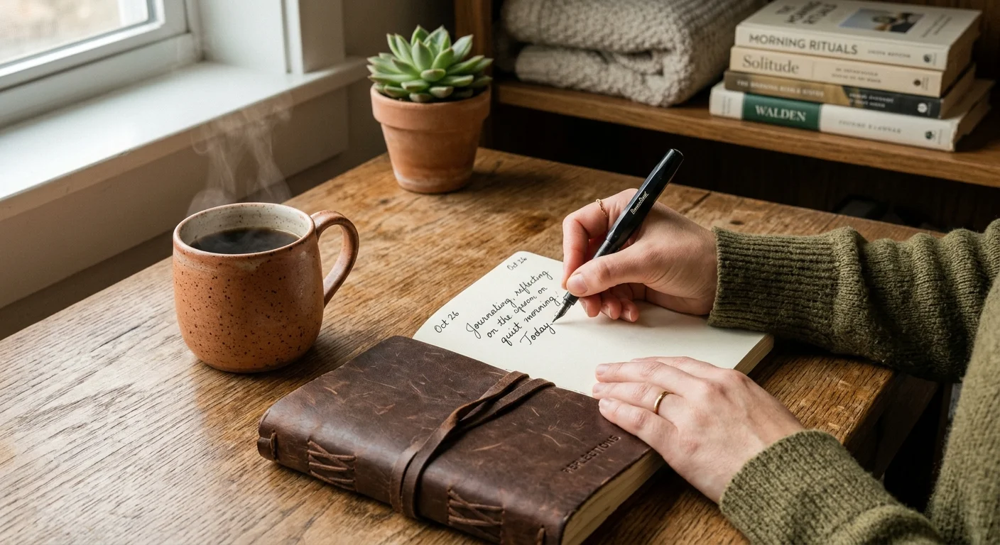 Close-up of a person's hands writing in a journal on a wooden desk next to a steaming mug of coffee.