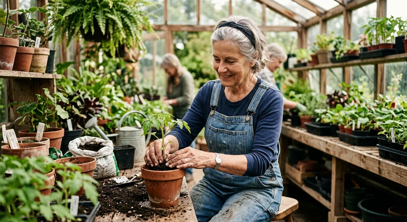 Close-up photo of an older woman transplanting a green seedling in a sunlit greenhouse, focusing on her hands.