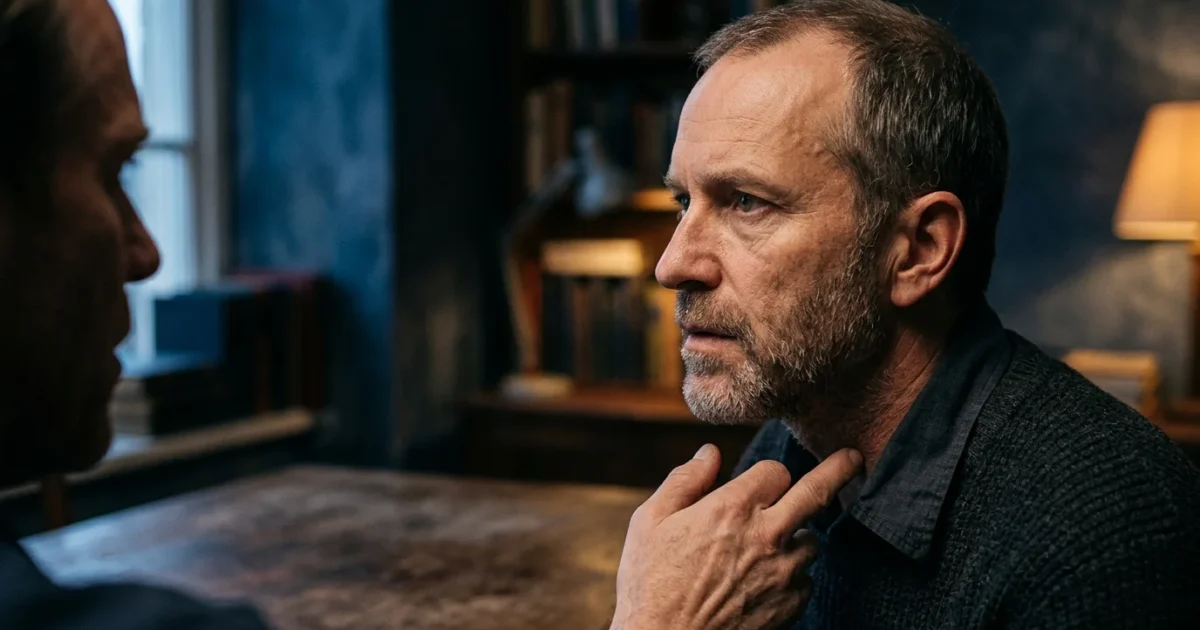 Middle-aged bearded man touching his neck with his finger while talking to another man across a wooden table.