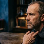 Middle-aged bearded man touching his neck with his finger while talking to another man across a wooden table.