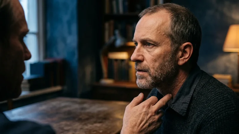 Middle-aged bearded man touching his neck with his finger while talking to another man across a wooden table.
