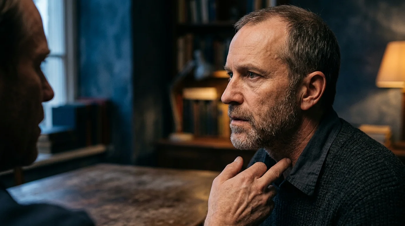 Middle-aged bearded man touching his neck with his finger while talking to another man across a wooden table.