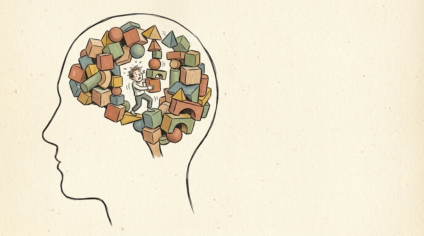 Conceptual illustration of a figure stacking colorful blocks inside a human head silhouette.