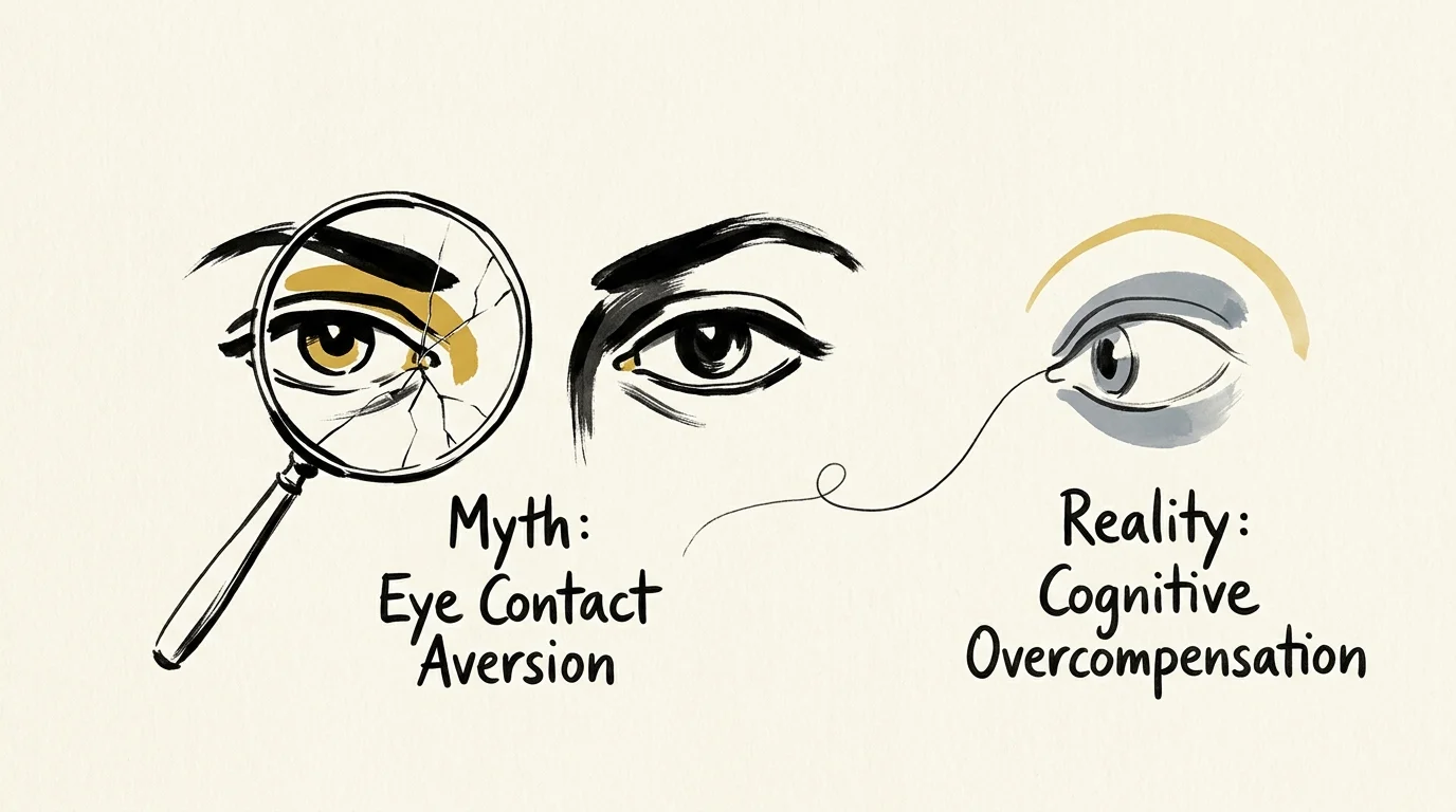 Illustration of eyes labeled with text contrasting eye contact aversion myth against cognitive overcompensation reality.