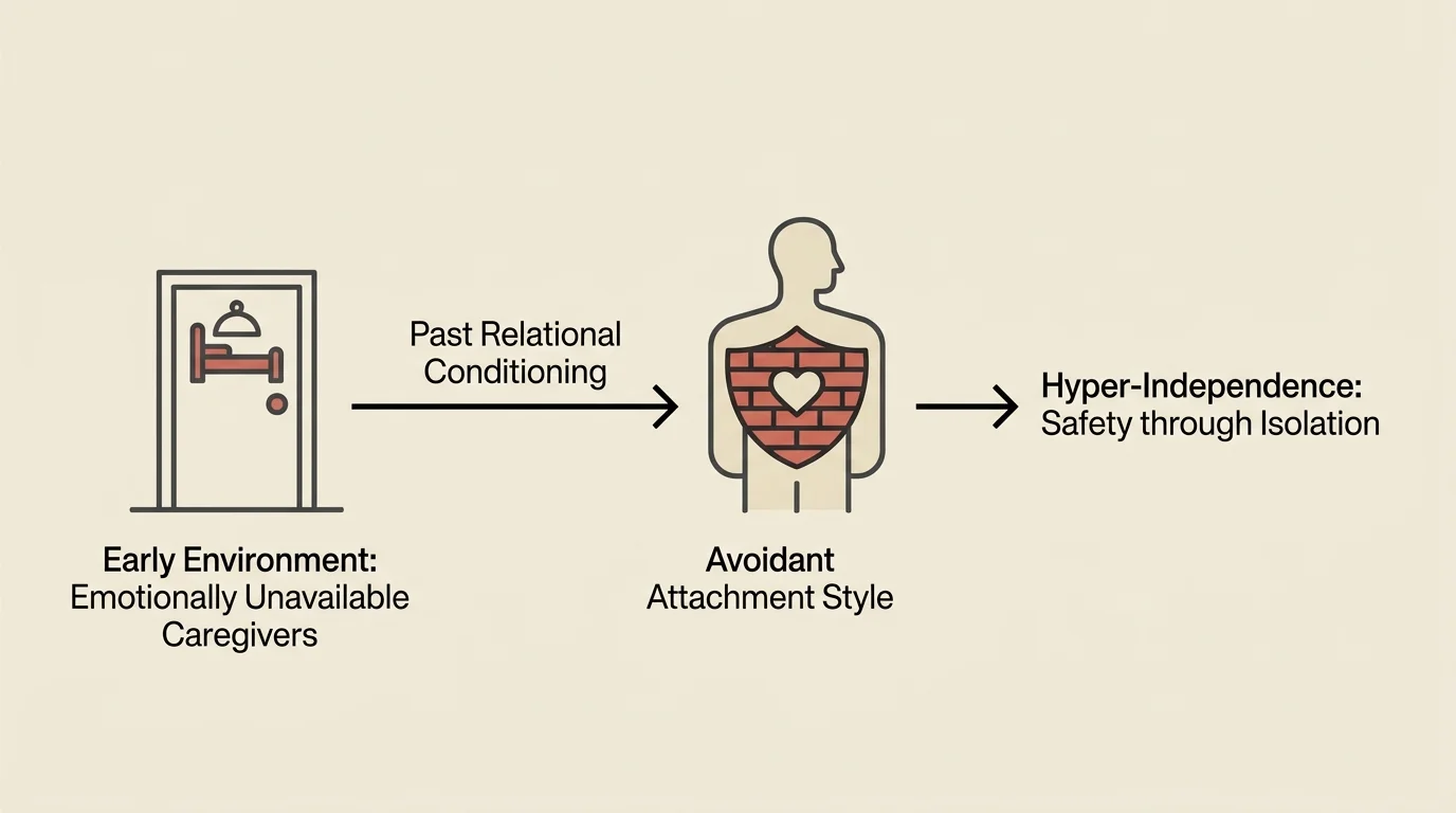 Diagram tracing hyper-independence back to childhood conditioning and avoidant attachment styles.