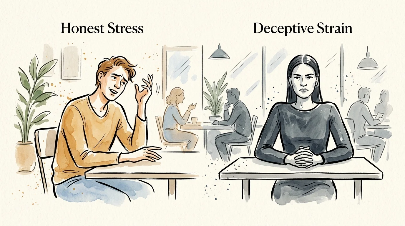 Split sketch comparing an expressive man under Honest Stress and a rigid, staring woman under Deceptive Strain.