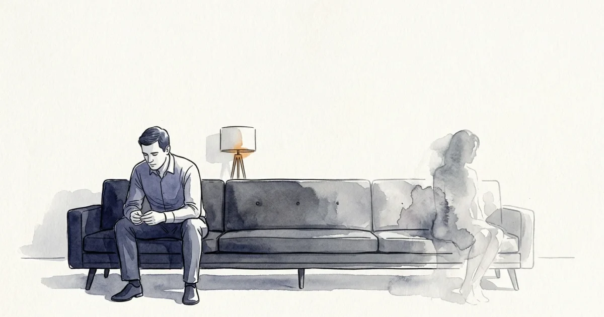 Editorial illustration of a couple on a couch, where one partner is a fading, transparent watercolor silhouette, representing emotional loss
