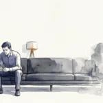 Editorial illustration of a couple on a couch, where one partner is a fading, transparent watercolor silhouette, representing emotional loss