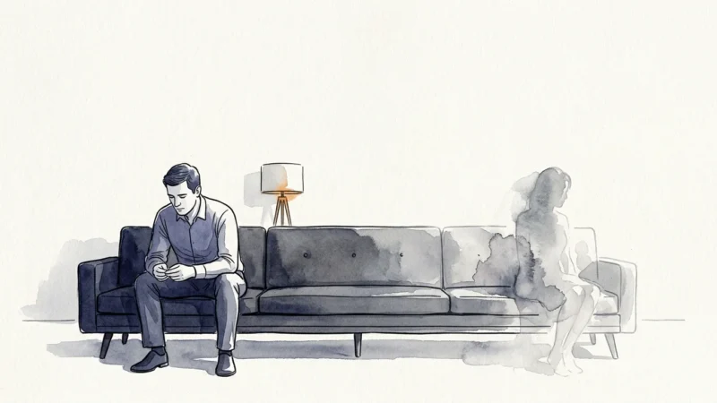 Editorial illustration of a couple on a couch, where one partner is a fading, transparent watercolor silhouette, representing emotional loss
