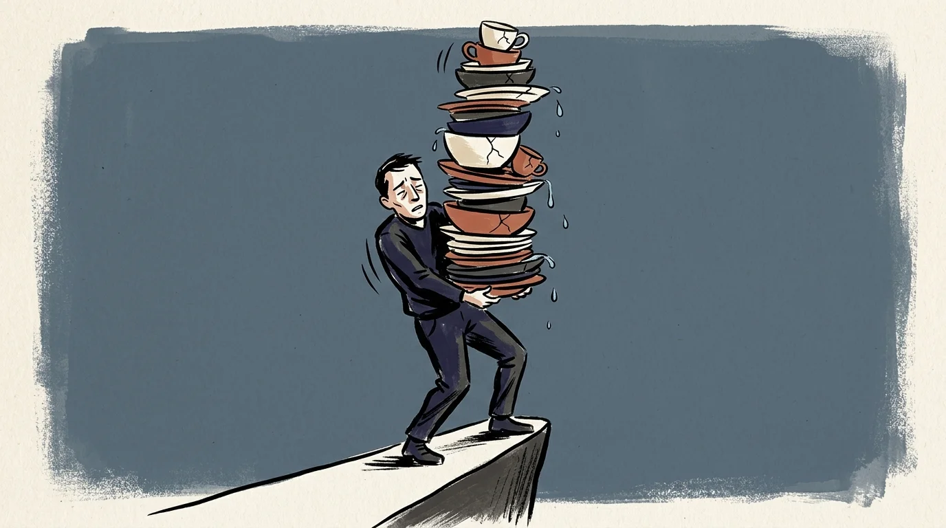 Editorial illustration of a person balancing a dangerously tall, cracked stack of ceramic plates.