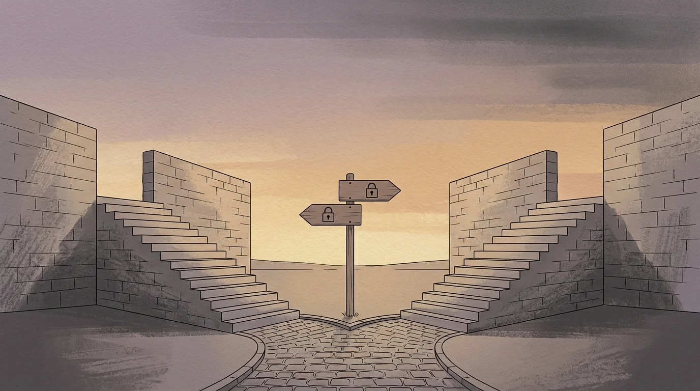 A cobblestone fork with staircases flanking a wooden signpost featuring locked padlock icons on directional arrows.