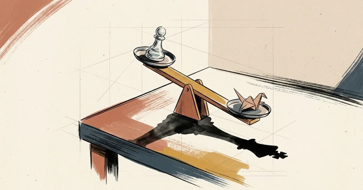 Illustration of a seesaw balancing a chess pawn and an origami crane, casting a shadow of a chess king.