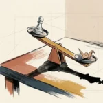 Illustration of a seesaw balancing a chess pawn and an origami crane, casting a shadow of a chess king.