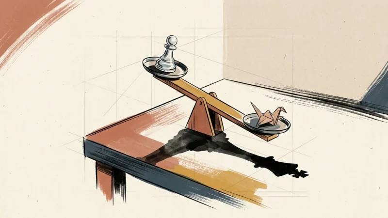 Illustration of a seesaw balancing a chess pawn and an origami crane, casting a shadow of a chess king.