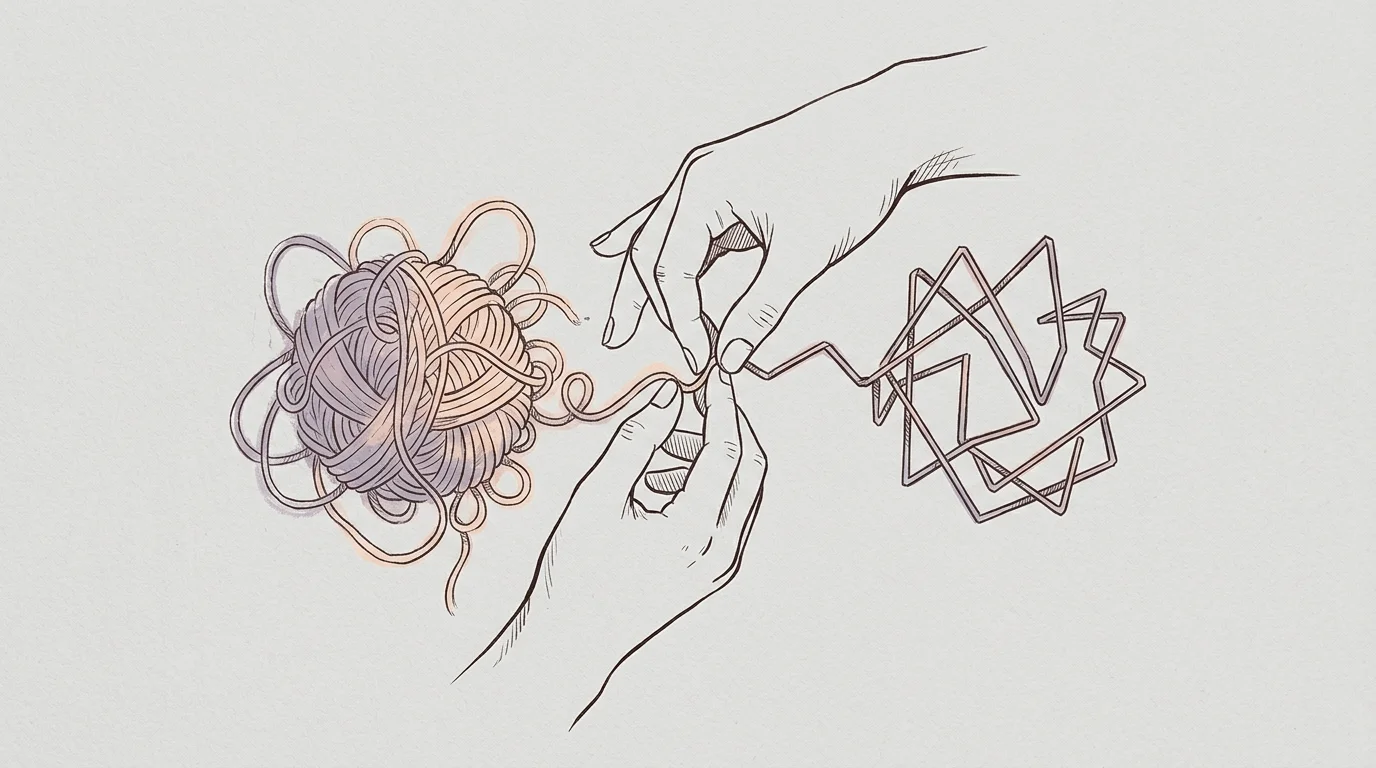 Line drawing of hands unraveling a tangled ball of yarn into a rigid, angular geometric shape on gray paper.