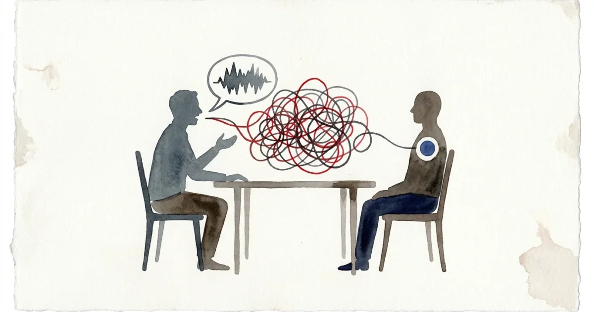 Watercolor of two silhouetted figures seated at a table, connected by a tangled mess of red and black lines.