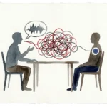 Watercolor of two silhouetted figures seated at a table, connected by a tangled mess of red and black lines.