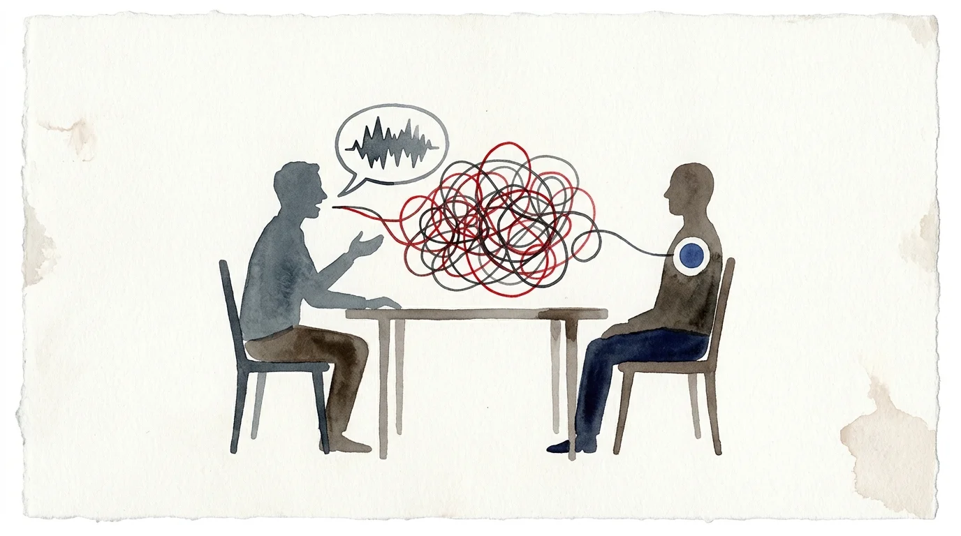 Watercolor of two silhouetted figures seated at a table, connected by a tangled mess of red and black lines.