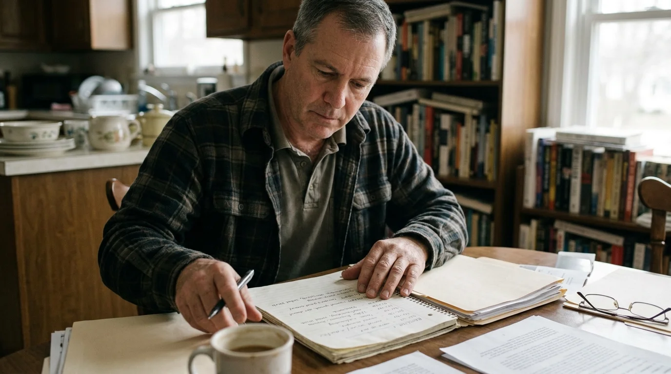 A man in a plaid shirt sits at a wooden dining table reviewing handwritten notes and paperwork.