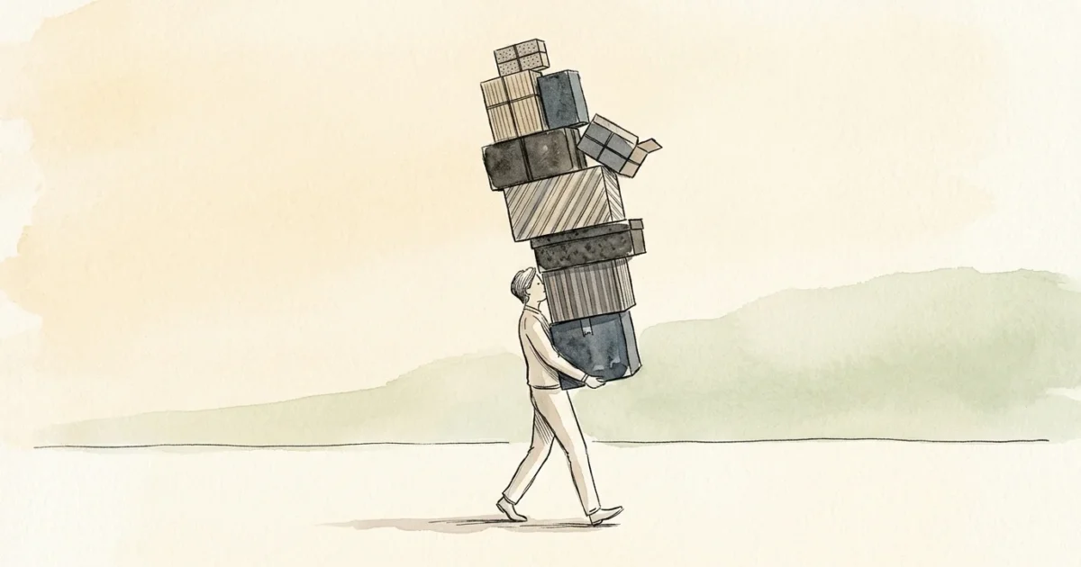 Editorial watercolor illustration of a person carrying a tall, precarious stack of mismatched boxes, symbolizing unearned guilt.