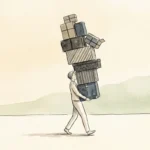 Editorial watercolor illustration of a person carrying a tall, precarious stack of mismatched boxes, symbolizing unearned guilt.