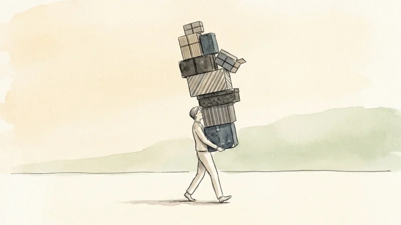 Editorial watercolor illustration of a person carrying a tall, precarious stack of mismatched boxes, symbolizing unearned guilt.