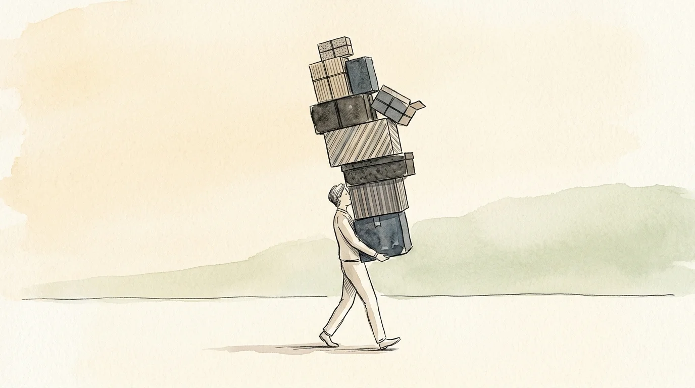 Editorial watercolor illustration of a person carrying a tall, precarious stack of mismatched boxes, symbolizing unearned guilt.