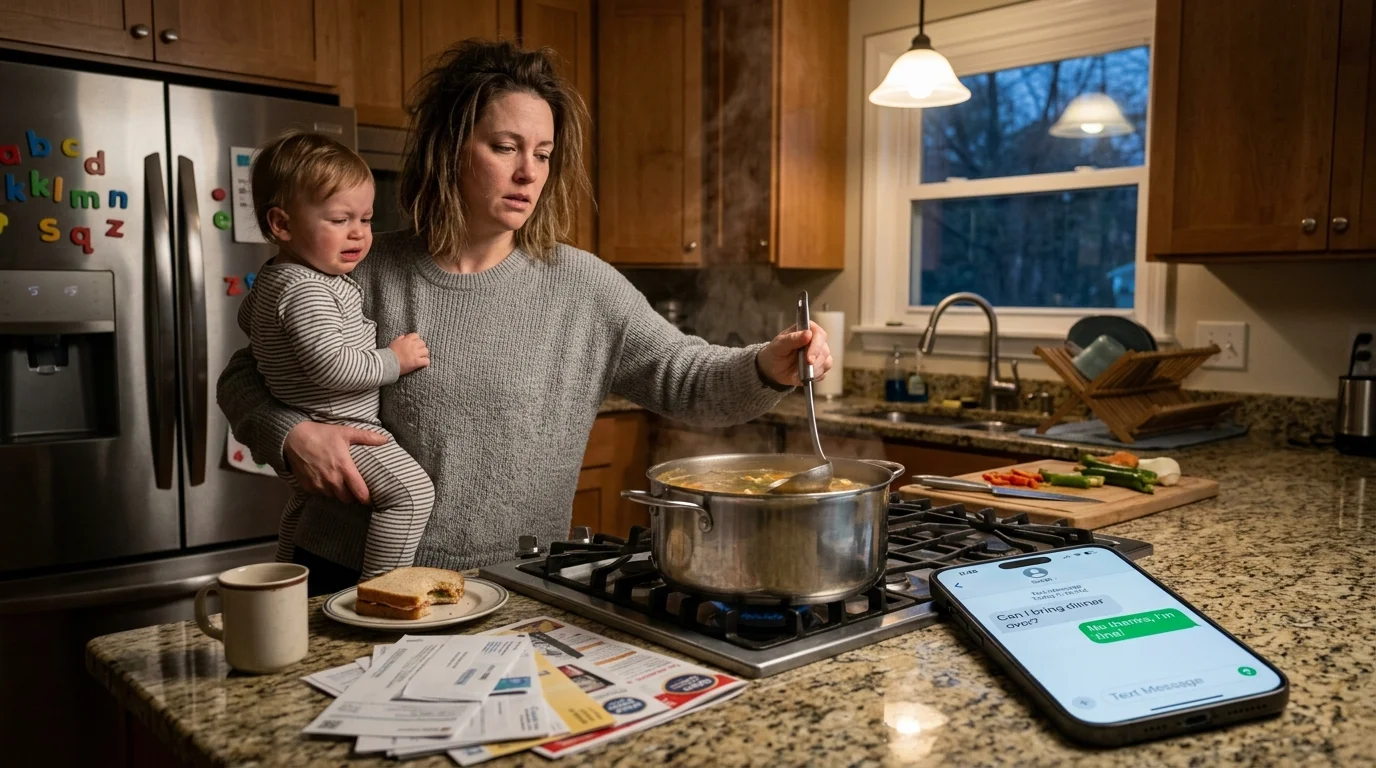 Exhausted woman holding a baby in a kitchen, replying 'No thanks, I'm fine!' to a text offering help.