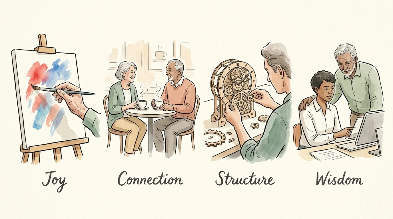 Four watercolor illustrations showing joy, social connection, structure, and wisdom as the pillars of retirement work.