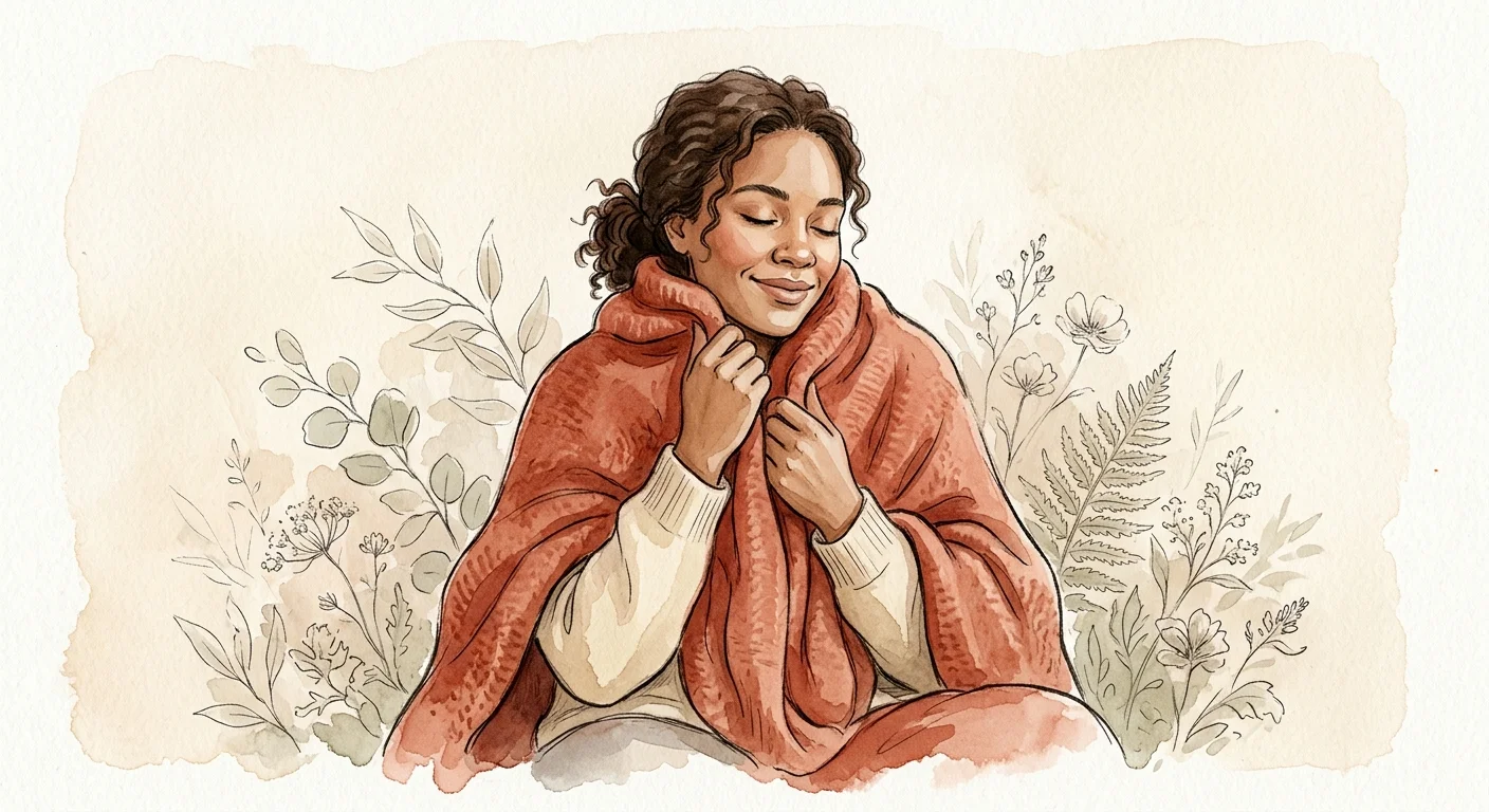 Gentle watercolor illustration of a person wrapping themselves in a warm, comforting blanket.