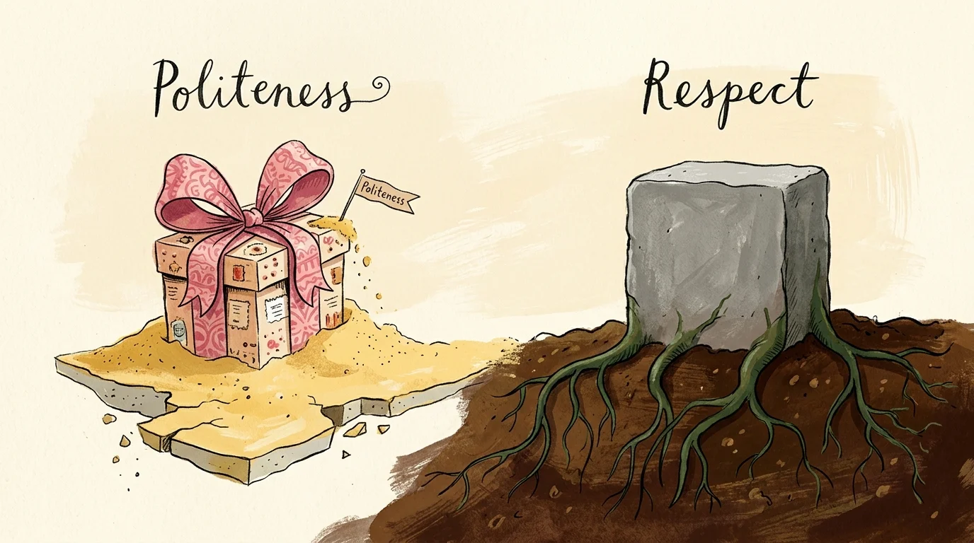 Gouache illustration contrasting a fragile gift labeled Politeness with a solid stone anchored in roots labeled Respect.