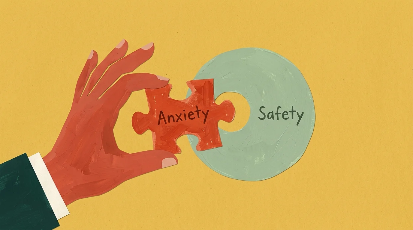 Gouache illustration of a hand trying to fit a jagged red puzzle piece labeled 'Anxiety' into a round green slot labeled 'Safety'.