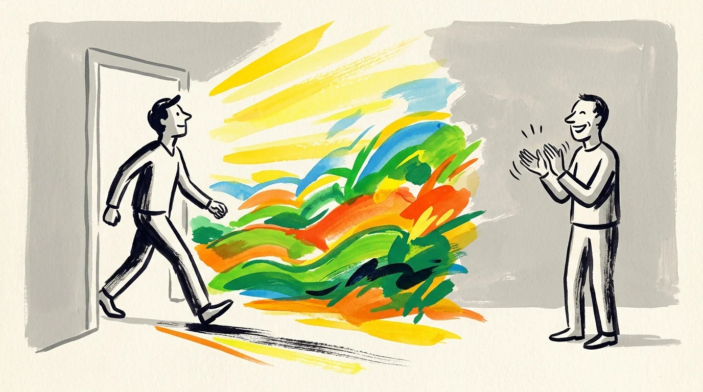 Gouache illustration of a person stepping into a colorful landscape while another person stands back and happily cheers them on.