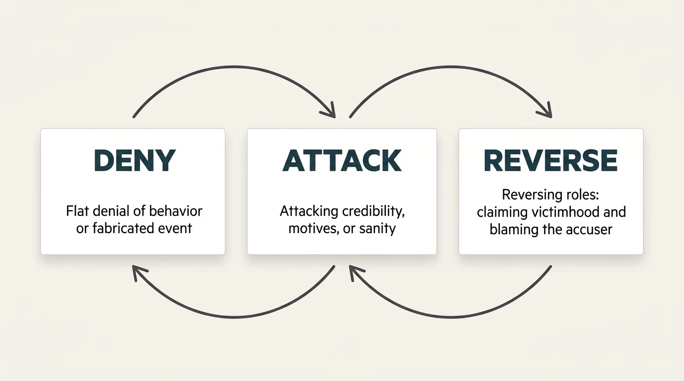 Diagram with three boxes labeled DENY, ATTACK, and REVERSE connected in a continuous loop by curved arrows.