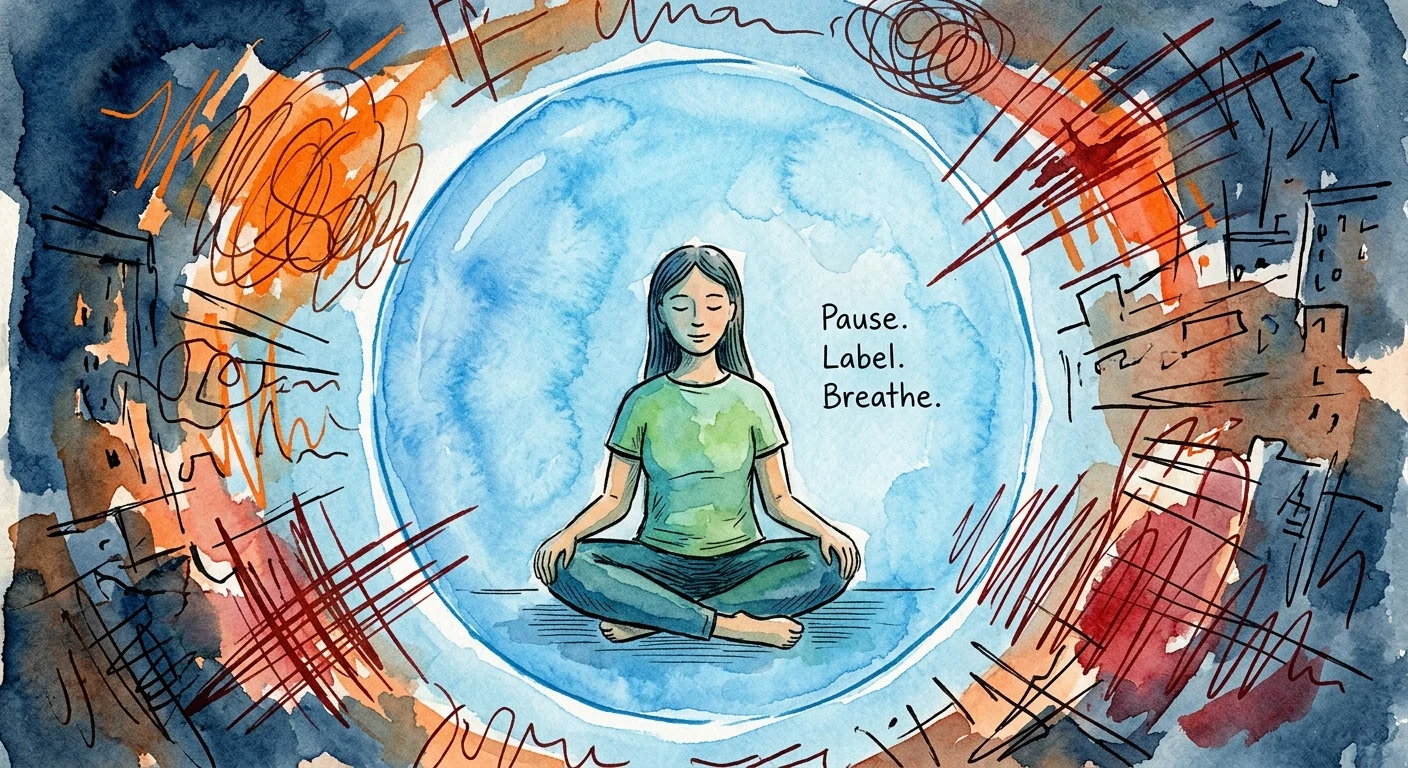 Illustration of a calm person sitting inside a peaceful blue bubble, shielded from external red chaos.