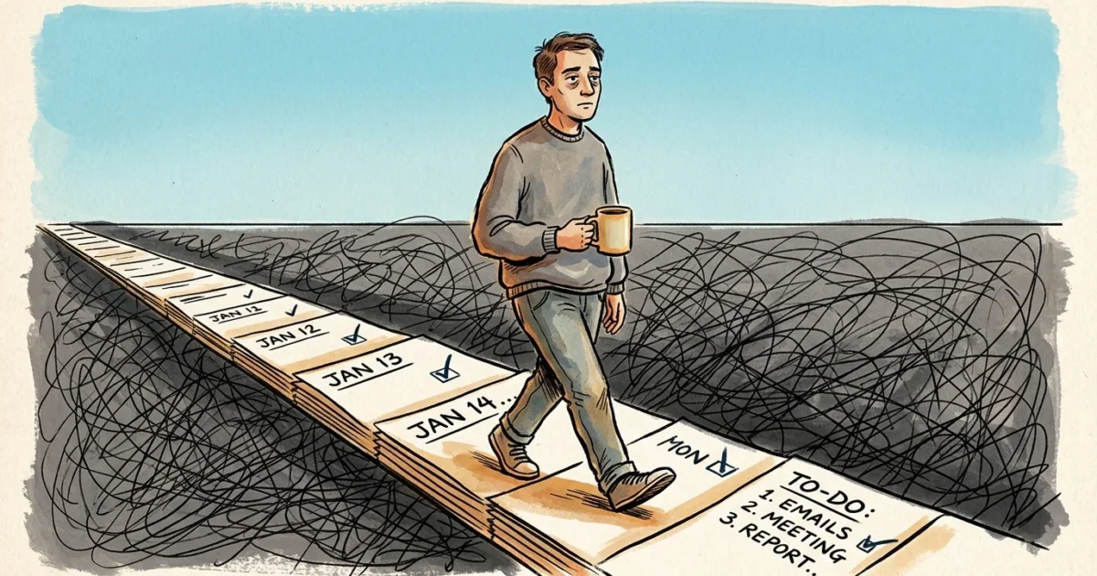 Illustration of a person walking on a treadmill made of calendar pages under a cloudy sky.