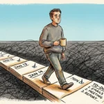 Illustration of a person walking on a treadmill made of calendar pages under a cloudy sky.