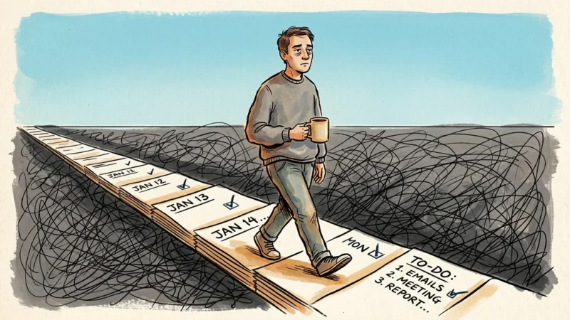 Illustration of a person walking on a treadmill made of calendar pages under a cloudy sky.