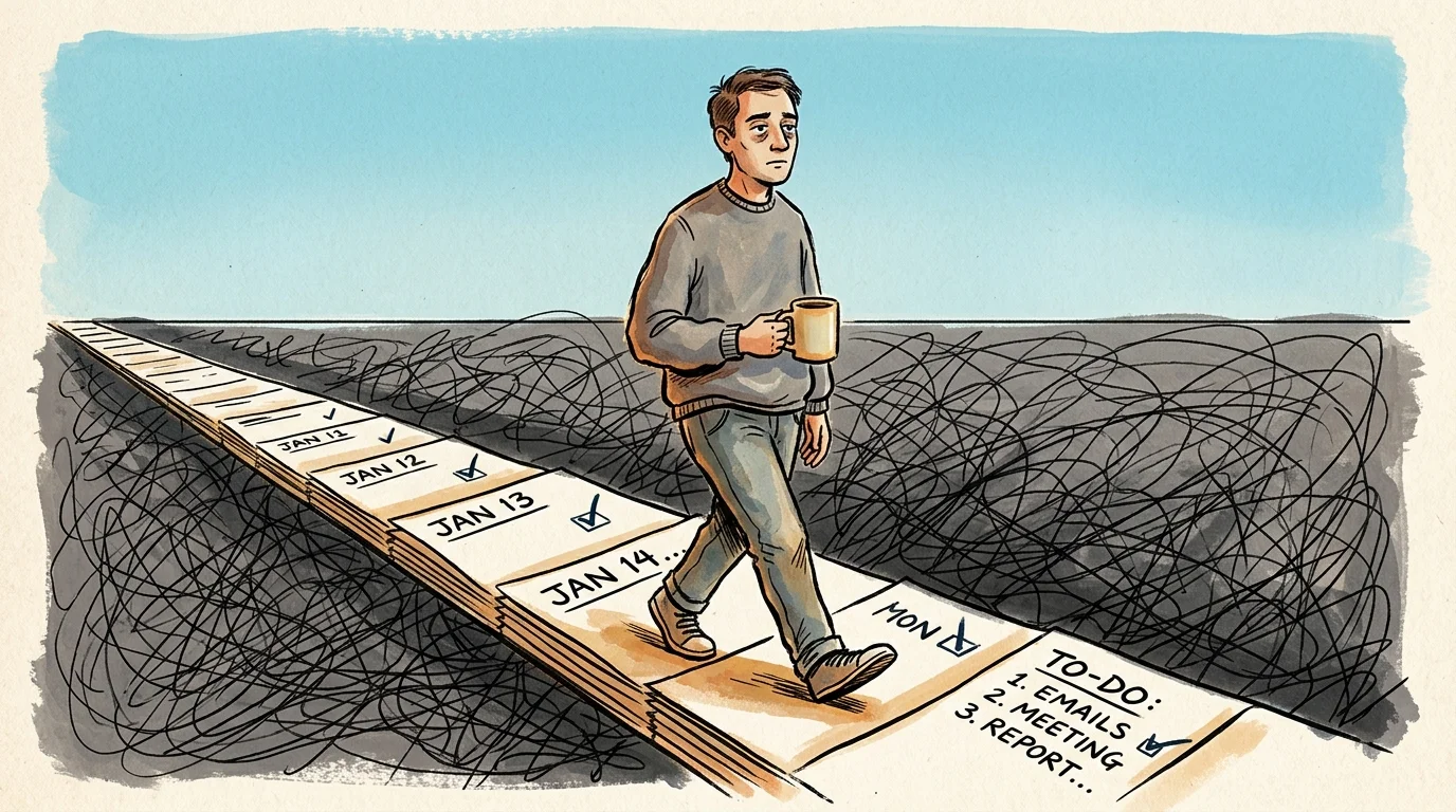 Illustration of a person walking on a treadmill made of calendar pages under a cloudy sky.