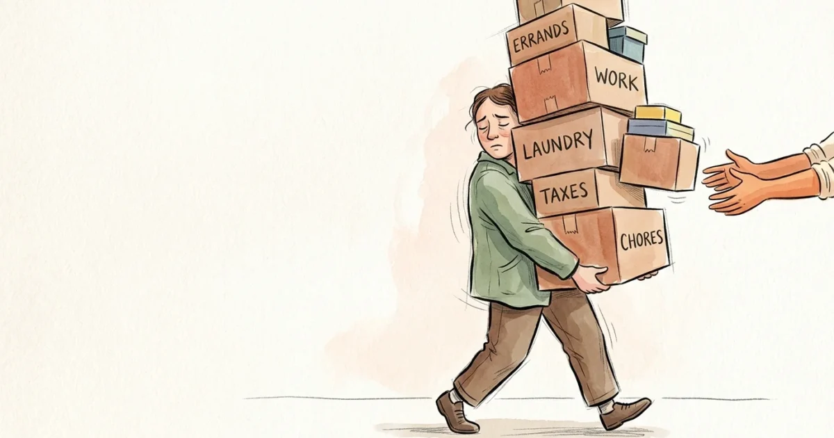 Illustration of a tired person carrying a massive stack of boxes, ignoring an outstretched hand offering help.
