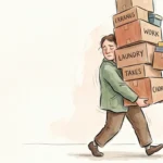 Illustration of a tired person carrying a massive stack of boxes, ignoring an outstretched hand offering help.