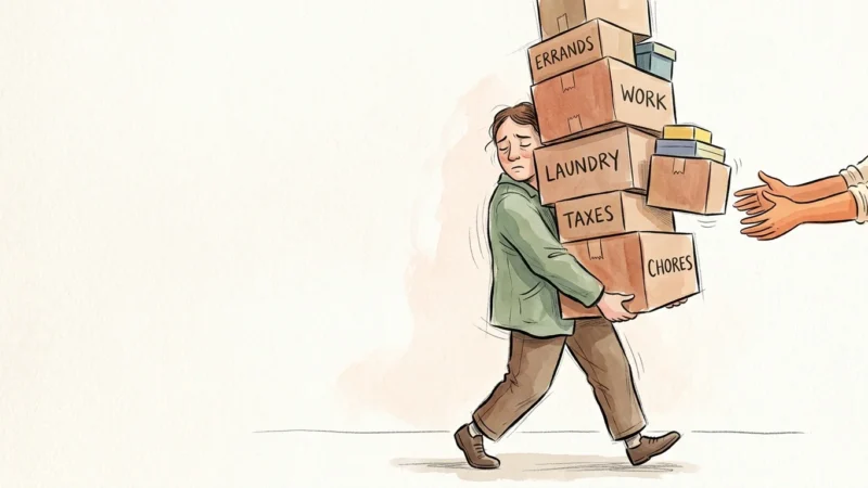 Illustration of a tired person carrying a massive stack of boxes, ignoring an outstretched hand offering help.