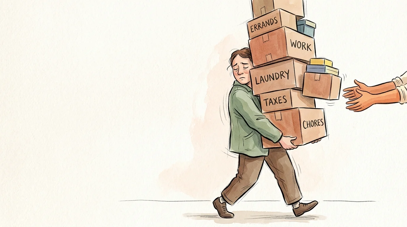 Illustration of a tired person carrying a massive stack of boxes, ignoring an outstretched hand offering help.