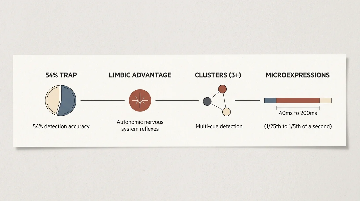 Infographic detailing 54% trap, limbic advantage, clusters (3+), and microexpressions measuring 40ms to 200ms.